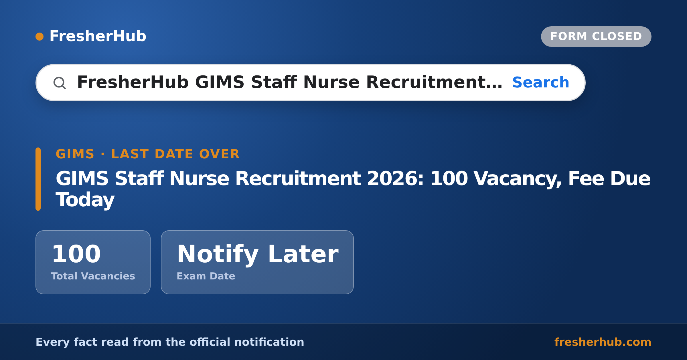 GIMS Staff Nurse Recruitment 2026: 100 Vacancy, Fee Due Today — official notification highlights