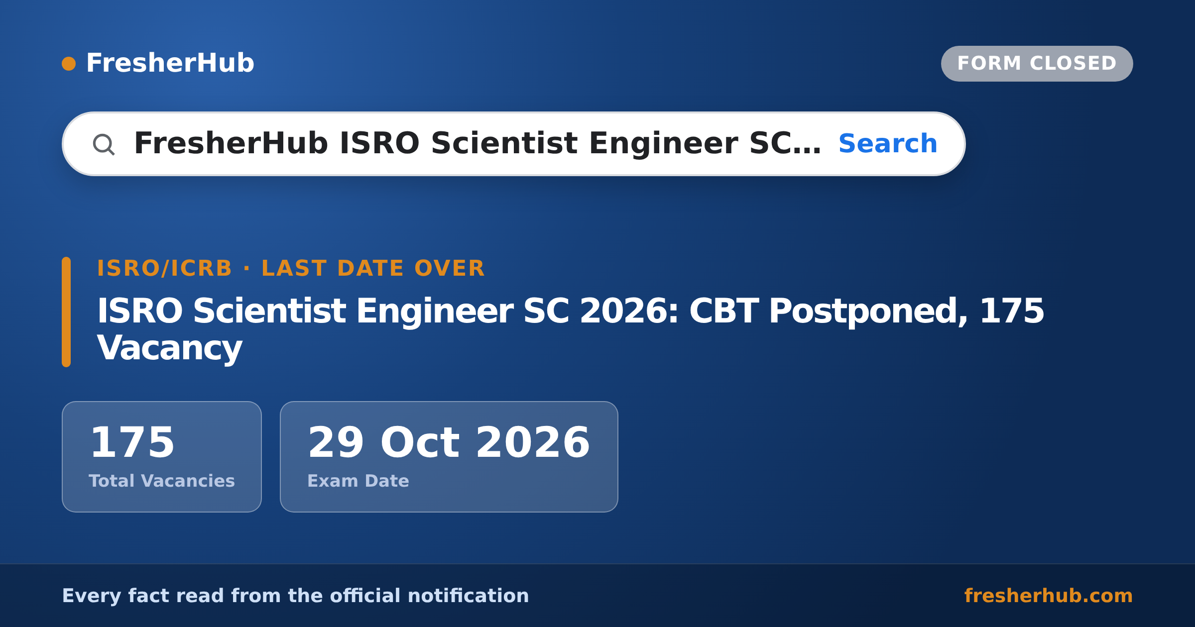 ISRO Scientist Engineer SC 2026: CBT Postponed, 175 Vacancy — official notification highlights