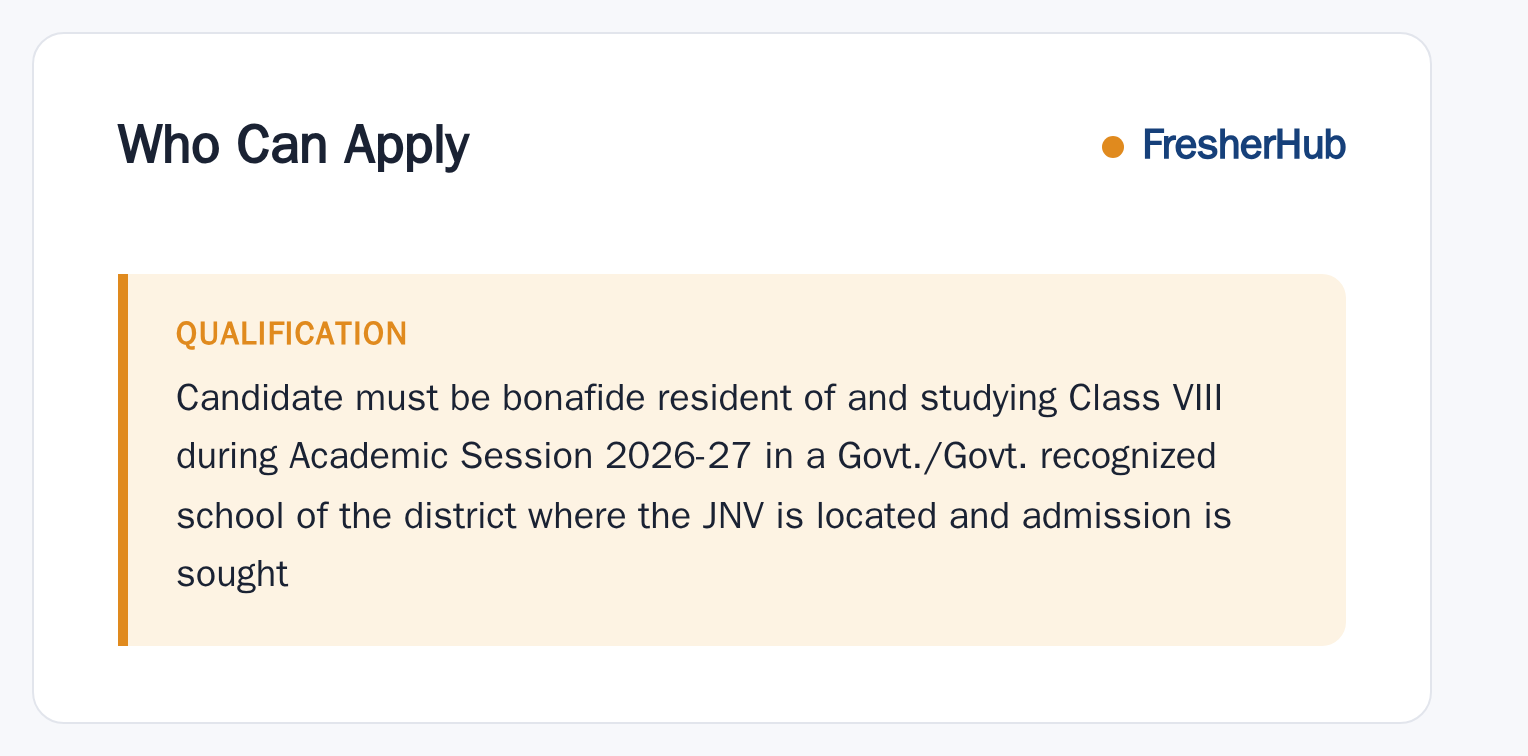 JNV Class IX Lateral Entry 2027-28: Apply Now, Last Date 30 Sep 2026 age limit and educational qualification